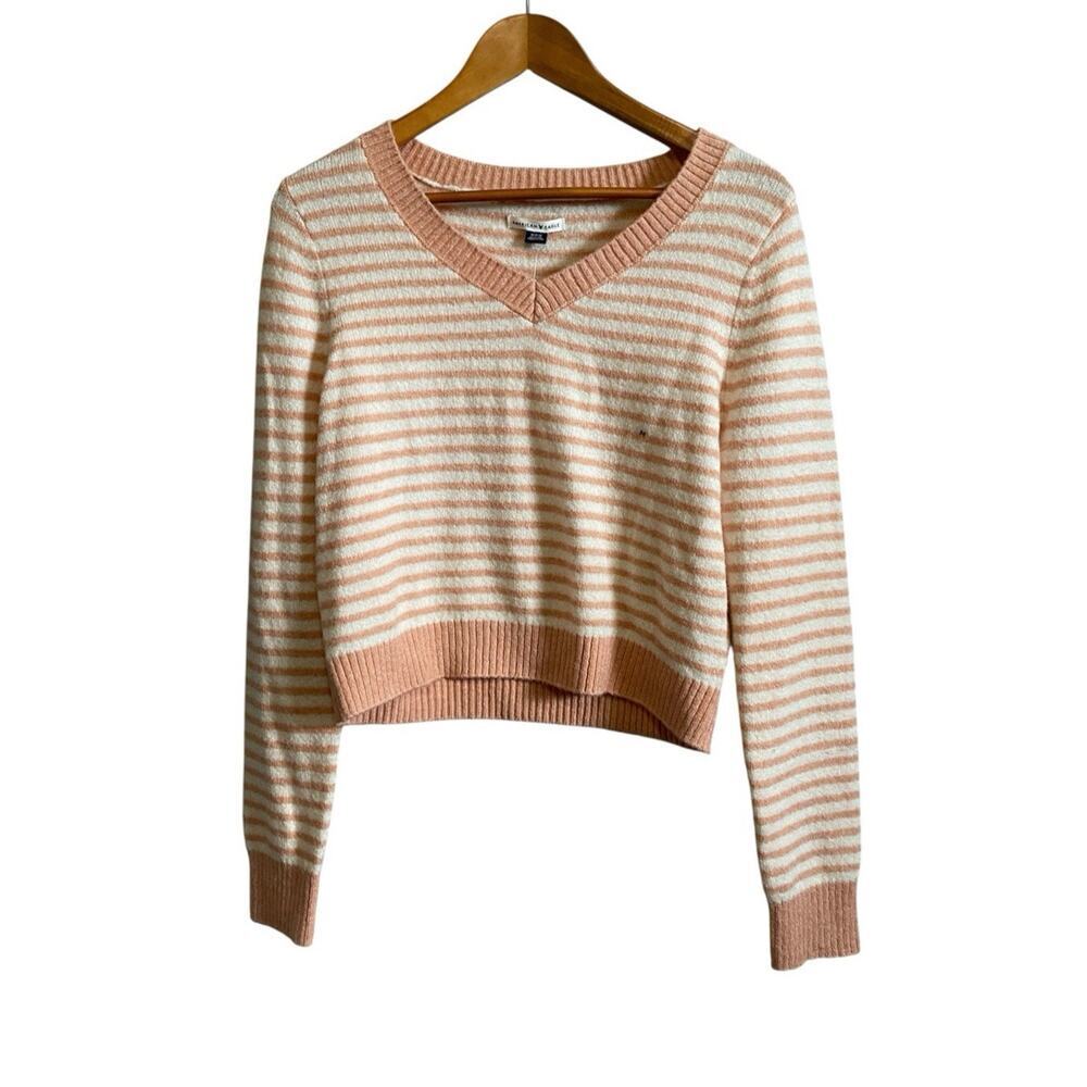 American Eagle Pink White Striped Long Sleeve Vneck Sweater Medium NWT Soft Cozy